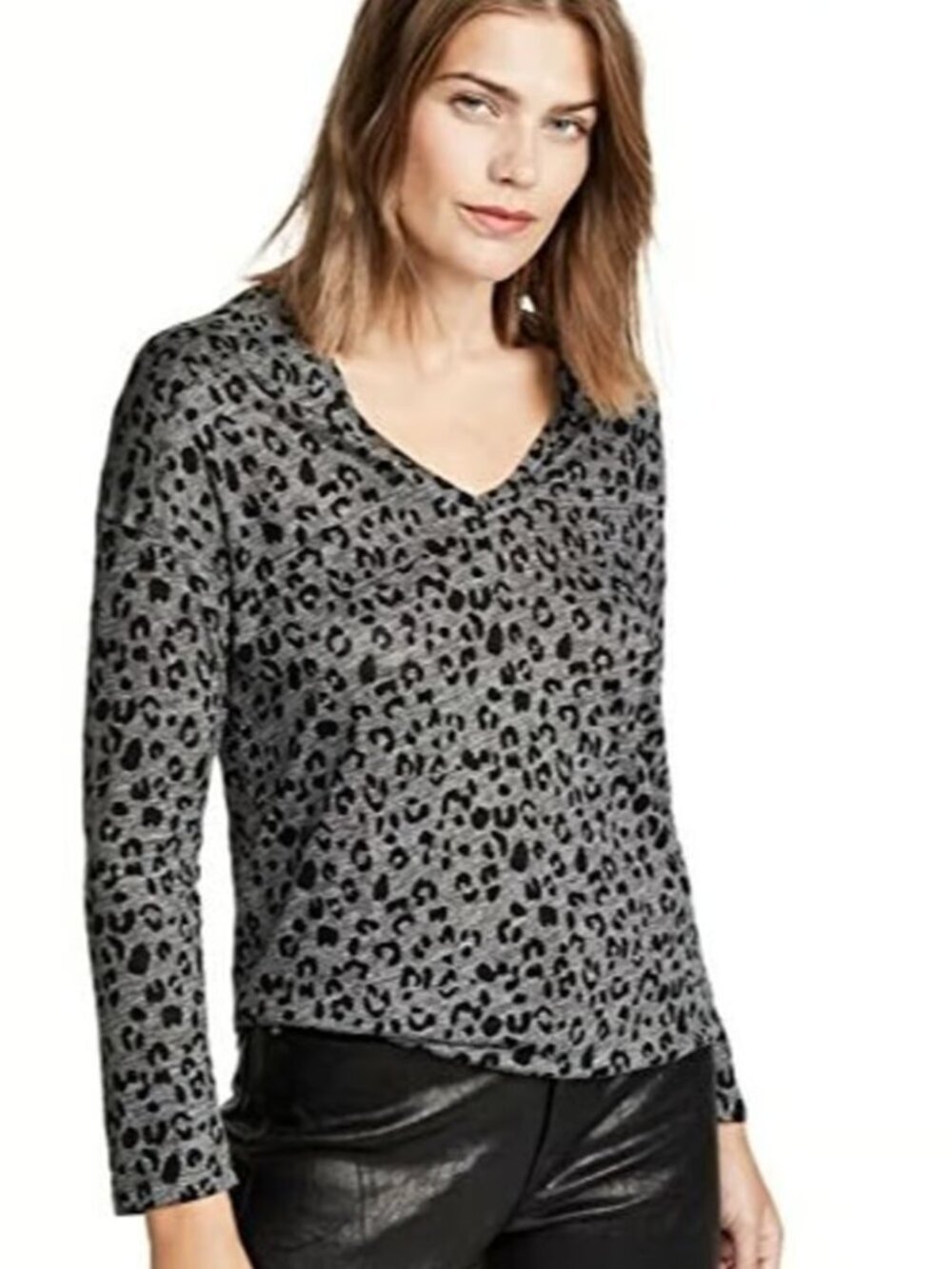 Rails Leopard Print T-Shirt Gray Black Long Sleeve Linen Blend Women's Size XS